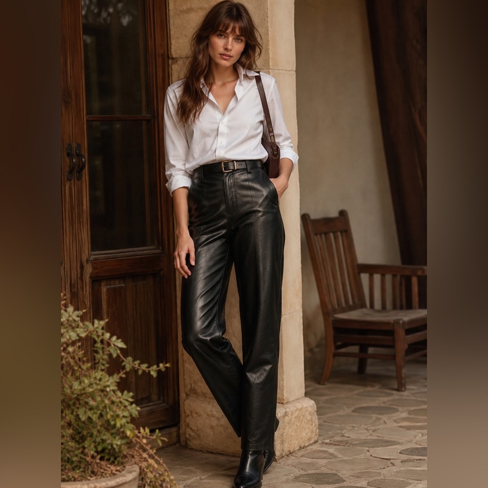 Black Leather Pants Size 32 Straight Leg Vintage Minimalist